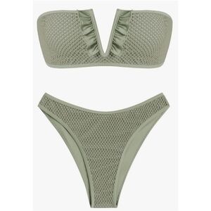 ZAFUL Women's Strapless Ribbed V Wired Lace Up Ruffle Tie High Cut Bandeau Swims